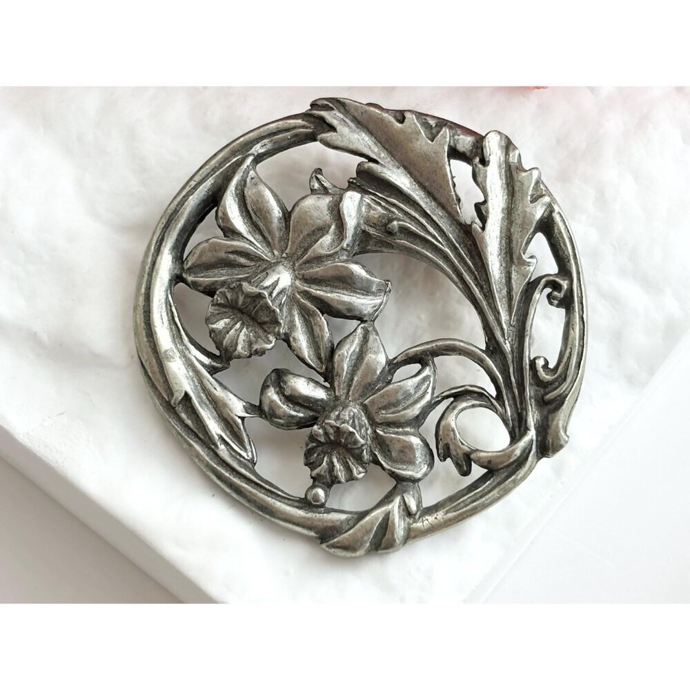 1987 Canadian Made Floral Pewter Art Nouveau Inspired Vintage Brooch Pin - Picture 5 of 14